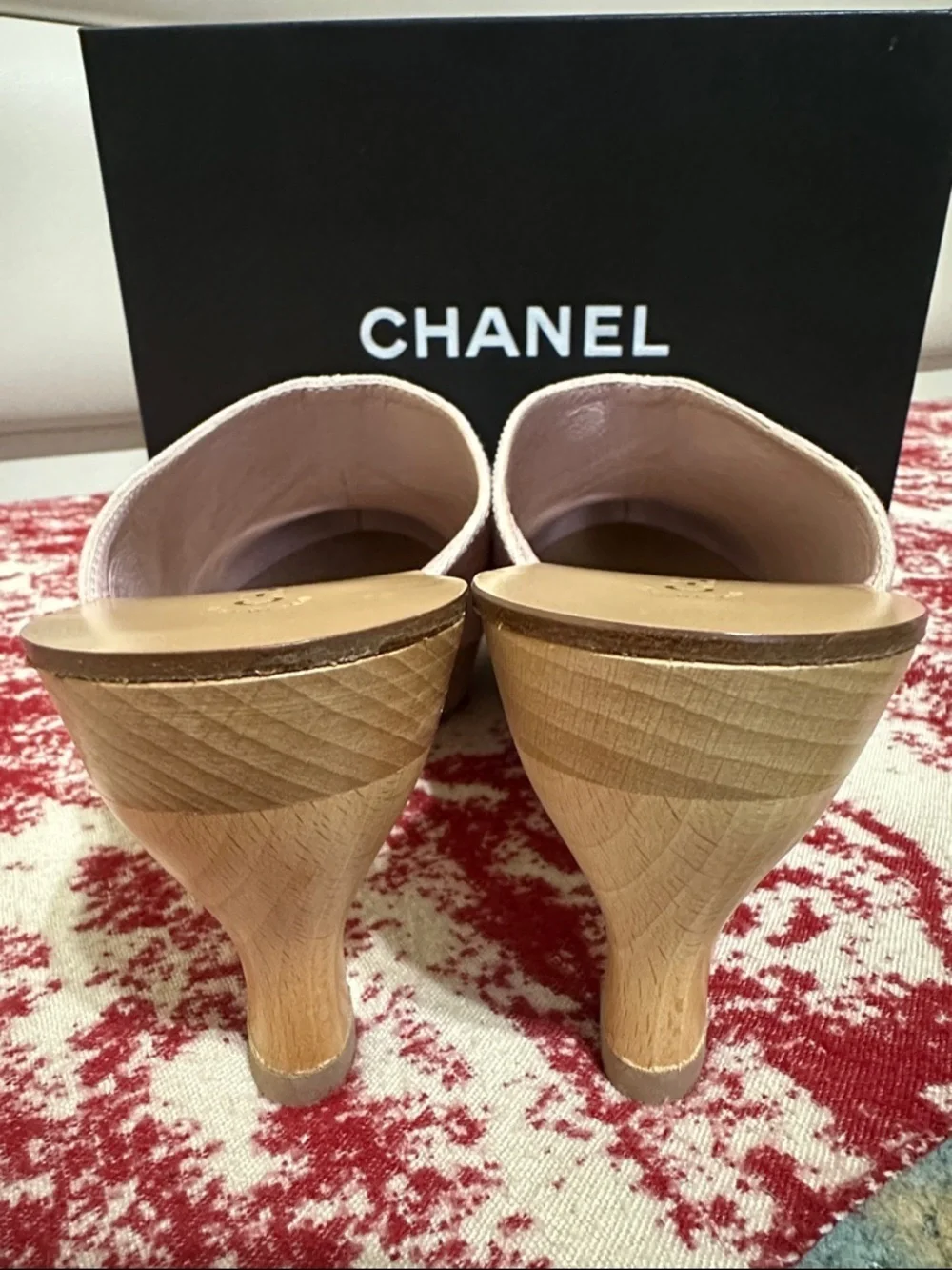 CHANEL Light Purple Canvas Mules with Red Flower Accent